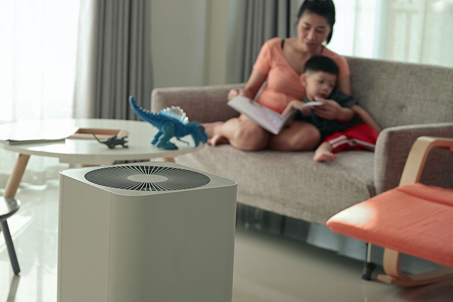A family relaxes indoors, trusting their air purifier to help regulate the indoor air quality of their Springfield, IL home.