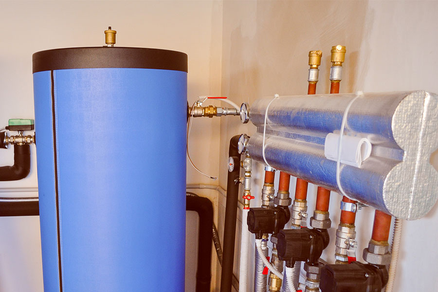 A typical geothermal unit in a Lebanon, IL, residence. The condenser and piping are shown here.