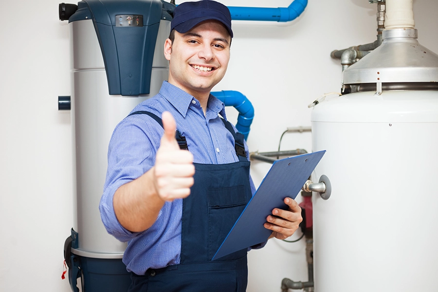 An HVAC expert smiling and holding a clipboard while inspecting a storage tank and tankless water heater in a residential home in Fairview Heights, IL.