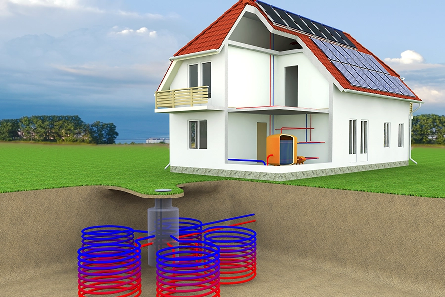 A digital image of a geothermal heating and cooling system under a white residential home in the Metro East.