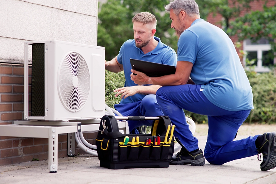 Two male technicians servicing an HVAC unit at a home in the Metro East Area of Illinois.