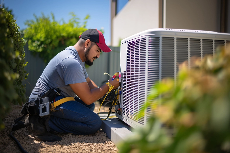 An HVAC technician installs a new unit outside a home in the Metro East Area of Illinois.