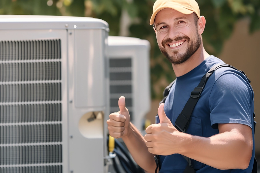 A male technician who finished installing an upgraded HVAC system in Metro East Area, IL, and gesturing with two thumbs up, indicating a completed job.