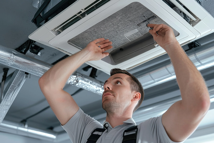 A professional HVAC technician replacing an air filter in an office unit in the Metro East Area of IL.